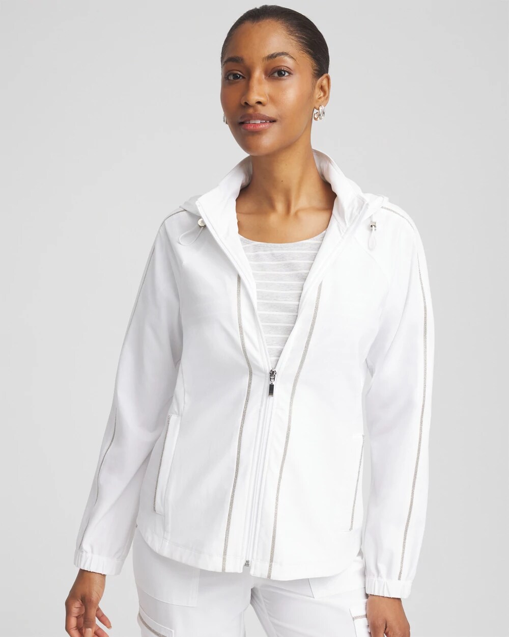 【WONDER WONDER】Teanut White Cotton Rider Zip-up Jacket Zenergy® UPF Neema Zip-Front Caviar Trim Jacket | Chico's